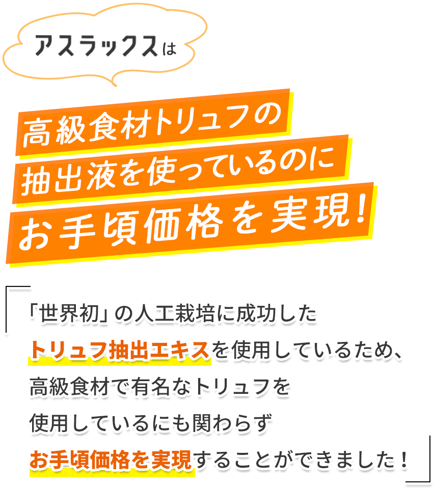 アスラックスは高級食材トリュフの抽出液を使っているのにお手頃価格を実現!「世界初」の人工栽培に成功したトリュフ抽出エキスを使用しているため、高級食材で有名なトリュフを使用しているにも関わらずお手頃価格を実現することができました!