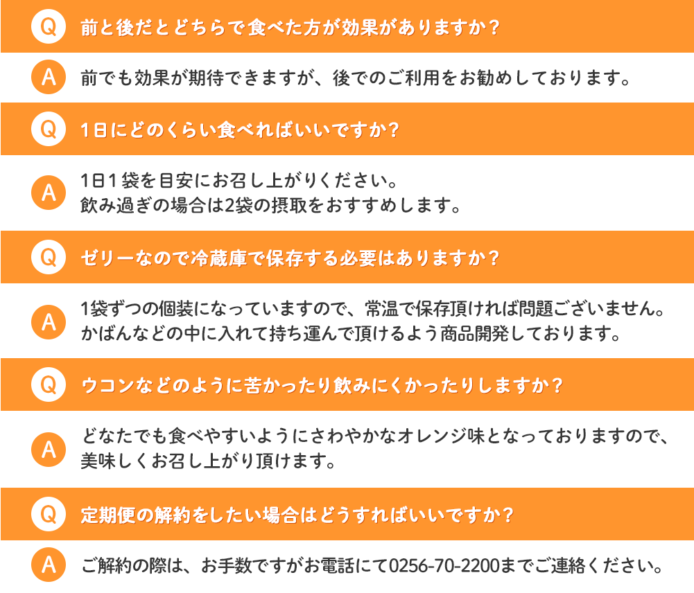 Q.前と後だとどちらで食べた方が効果がありますか? A.前でも効果が期待できますが、後でのご利用をお勧めしております。Q.1日にどのくらい食べればいいですか? A.1日1袋を目安にお召し上がりください。飲み過ぎの場合は2袋の摂取をおすすめします。 Q.ゼリーなので冷蔵庫で保存する必要はありますか? A.1袋ずつの個装になっていますので、常温で保存頂ければ問題ございません。かばんなどの中に入れて持ち運んで頂けるよう商品開発しております。 Q.ウコンなどのように苦かったり飲みにくかったりしますか? A.どなたでも食べやすいようにさわやかなオレンジ味となっておりますので、美味しくお召し上がり頂けます。 Q.定期便の解約をしたい場合はどうすればいいですか? A.ご解約の際は、お手数ですがお電話にて0256-70-2200までご連絡ください。